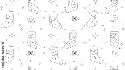 Seamless pattern of whimsical Christmas socks adorned with celestial moons, stars, and mystic eyes, blending festive cheer with a magical touch.