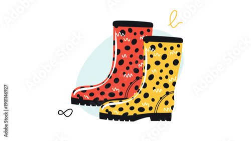 Playful illustration of two colorful rain boots with polka dot patterns, symbolizing readiness for wet weather and a cheerful approach to outdoor activities.