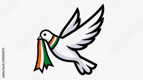 Flying white peace dove holding tricolor ribbon for 15 August 1947 India Independence Day vector illustration. Patriotic bird symbol representing freedom and national pride.