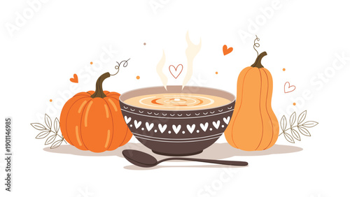 Heartwarming illustration of a steaming bowl of pumpkin soup, surrounded by pumpkins and autumn leaves, with floating hearts, evoking coziness and fall comfort.