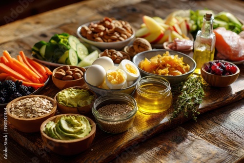 Vibrant rustic food scene for paleo living with organic produce, seeds, and protein-rich ingredients