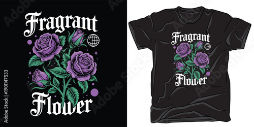 A beautiful purple rose bouquet with a fragrant flower phrase for t-shirt design