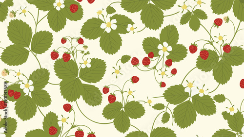 Charming seamless pattern of wild strawberry plants with red berries, green leaves, and white blossoms, creating a fresh and natural botanical background.