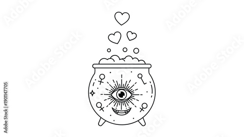 Mystical line art illustration of a witchy cauldron with an all-seeing eye, bubbling hearts, and esoteric symbols, representing magic and love spells.