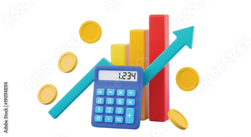 Blue calculator displays 1.234, next to colorful ascending bar graphs and an upward arrow, surrounded by gold coins, suggesting financial growth.