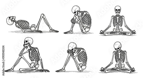 Six detailed anatomical illustrations of human skeletons in various seated yoga poses, emphasizing bone structure and flexibility.