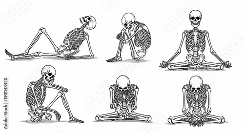 Six detailed black and white illustrations of human skeletons in various seated yoga poses against a white background.