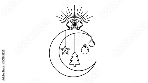 Mystical Christmas ornament featuring an all-seeing eye, crescent moon, star, and baubles, blending festive decor with spiritual and bohemian elements.