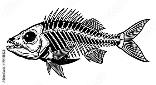 A detailed black and white illustration of a fish skeleton, showcasing its intricate bone structure.