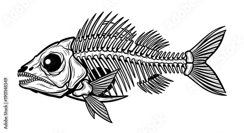 A detailed black and white illustration of a fish skeleton, showcasing its intricate bone structure and fins.