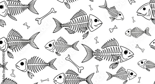A whimsical and detailed illustration of various fish skeletons scattered across a white background, interspersed with small bone shapes.