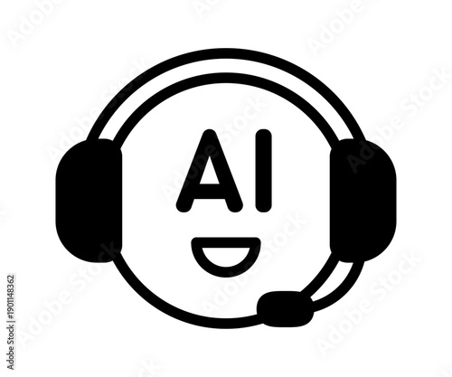 Call center with smile and AI line art icon, customer support help service symbol. sign Artificial intelligence technology with headset. Operator, helper, account manager. Helpline. Vector
