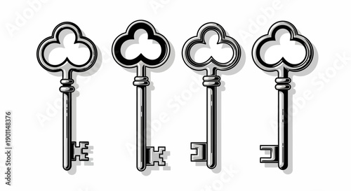 Four antique ornate keys with clover-shaped bow and intricate bit, rendered in a vintage illustration style.