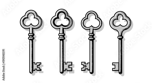 Four antique ornate silver keys with clover-shaped bow and intricate bit, casting shadows on a white background.