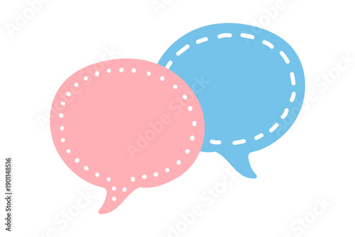 Two doodle red and blue speech bubble icons talk. Couple man and woman communication together in chat. Hand drawn text box. Vector