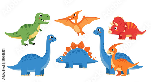 A vibrant illustration featuring a diverse collection of cartoon dinosaurs in various poses and colors, set against a white background.