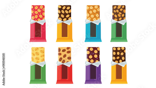 Colorful collection of individually wrapped granola bars with various toppings like nuts and oats, emphasizing healthy snacks and energy boosts.