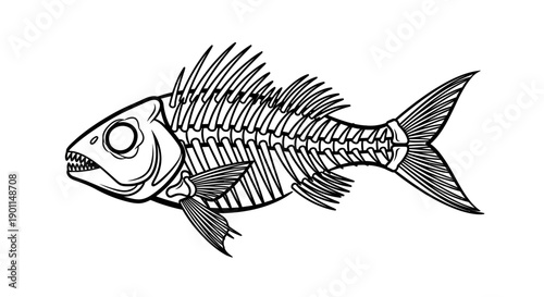 A detailed black and white illustration of a fish skeleton, showcasing its intricate bone structure and fins.