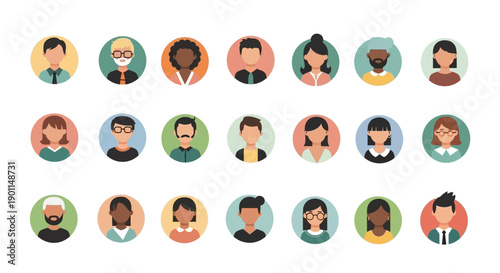 A diverse collection of flat design avatar icons representing various people in a circular format.