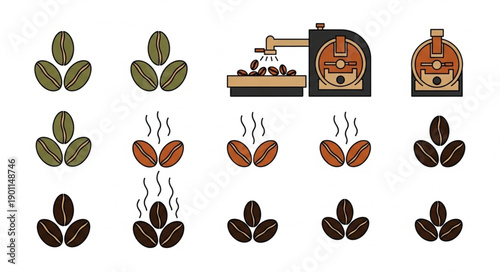 Coffee bean processing stages illustration icons.