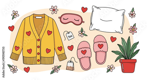 Cozy self-care items including a yellow cardigan with hearts, slippers, a pillow, and tea, surrounded by flowers and hearts.