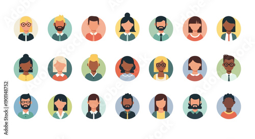 A diverse collection of flat design avatar icons representing various people with different hairstyles, ethnicities, and clothing styles.