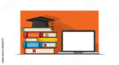 A stack of colorful books topped with a graduation cap next to an open laptop on an orange background.