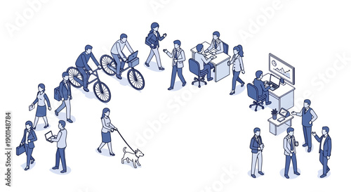 Isometric illustration depicting diverse people engaged in various daily activities, from commuting and leisure to office work and social interaction.