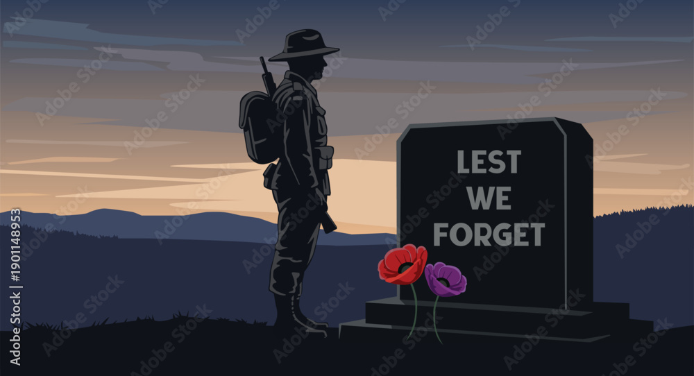 Fototapeta premium ANZAC Day Soldier Standing by War Memorial with Lest We Forget Tribute Illustration