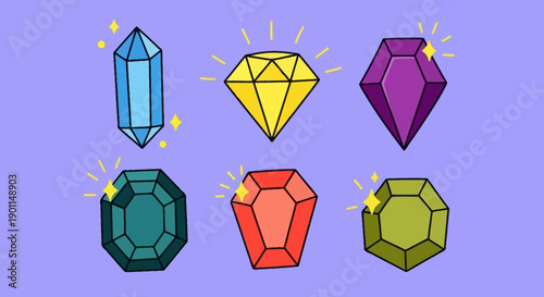 A collection of six colorful, sparkling gemstones and crystals arranged on a light purple background.