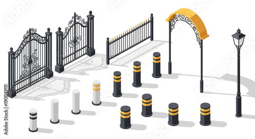 Collection of urban street furniture including ornate gates, modern bollards, an archway, and a lamppost.