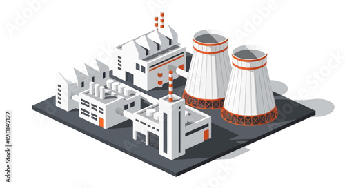 Isometric illustration of a modern industrial complex featuring power generation facilities with cooling towers and factory buildings.