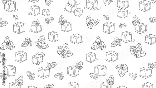 Refreshing seamless pattern of melting ice cubes and fresh mint leaves, depicting cool beverages and summer refreshment.