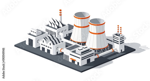 Foto Isometric illustration of a modern nuclear power plant with cooling towers and industrial buildings on a dark platform