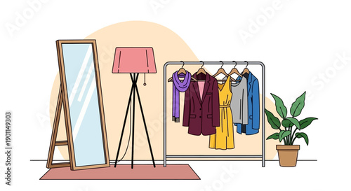 A full-length mirror, a floor lamp, and a clothing rack with various garments are arranged in a room, alongside a potted plant.