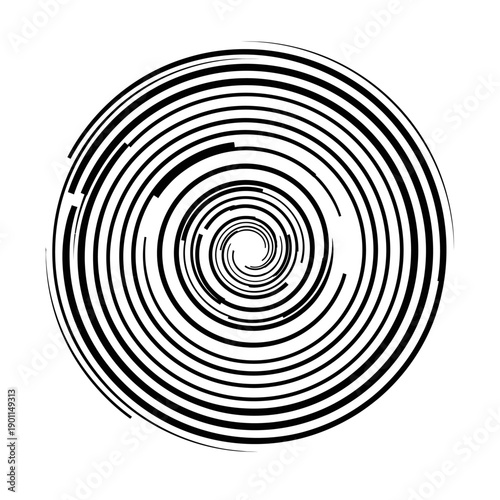 A black and white abstract circular spiral pattern with varying line thickness and breaks.