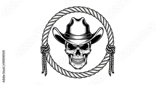 A stylized illustration of a skull wearing a cowboy hat, framed by a lasso, with a menacing expression.
