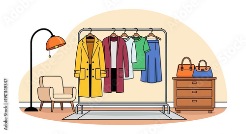 A cozy dressing room scene featuring a clothing rack with various garments, a comfortable armchair, a floor lamp, and a dresser with handbags.