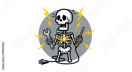 A cartoon skeleton is electrocuted while holding a wrench and a screwdriver, with sparks flying from its chest.