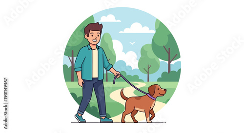 A young man happily walks his brown dog on a leash through a park with trees and a path.