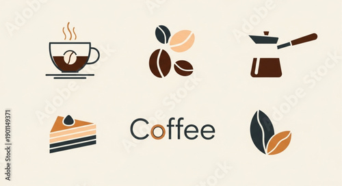 Coffee Icons Set Featuring Cup Beans Cake And Pot.