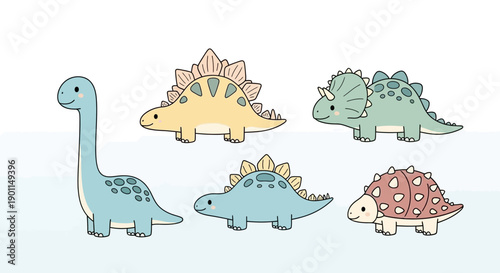 A charming collection of five cute cartoon dinosaurs, including a long-necked brachiosaurus, a stegosaurus, a triceratops, and two other armored dinosaurs, all rendered in a simple, adorable style.