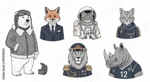 A collection of anthropomorphic animals dressed in various professional and military attire, including a pilot bear, a businessman fox, an astronaut cat, a military lion, and a soccer player rhino.