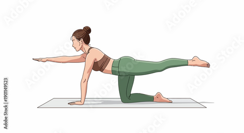 A woman is performing a yoga pose on a mat, extending one arm forward and the opposite leg backward.