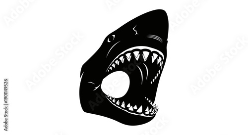 A black and white illustration of a shark's open mouth with sharp teeth.