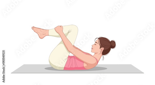 A woman is performing a yoga pose on a mat, hugging her knees to her chest.