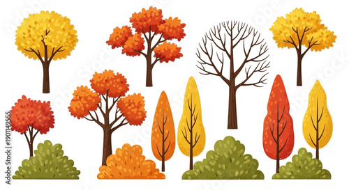 Collection of diverse autumn trees and bushes in vibrant fall colors, including deciduous and bare varieties, set against a white background.