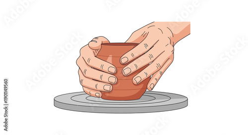 Close-up of a potter's hands shaping a clay pot on a spinning pottery wheel.