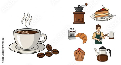 Coffee shop elements and steaming cup of coffee.