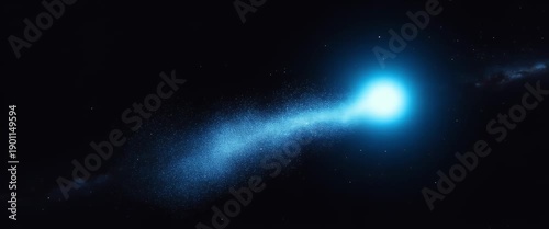 A luminous blue comet glides majestically through the vast cosmic expanse, while the camera pans slowly to reveal twinkling stars in a serene, cinematic space scene.